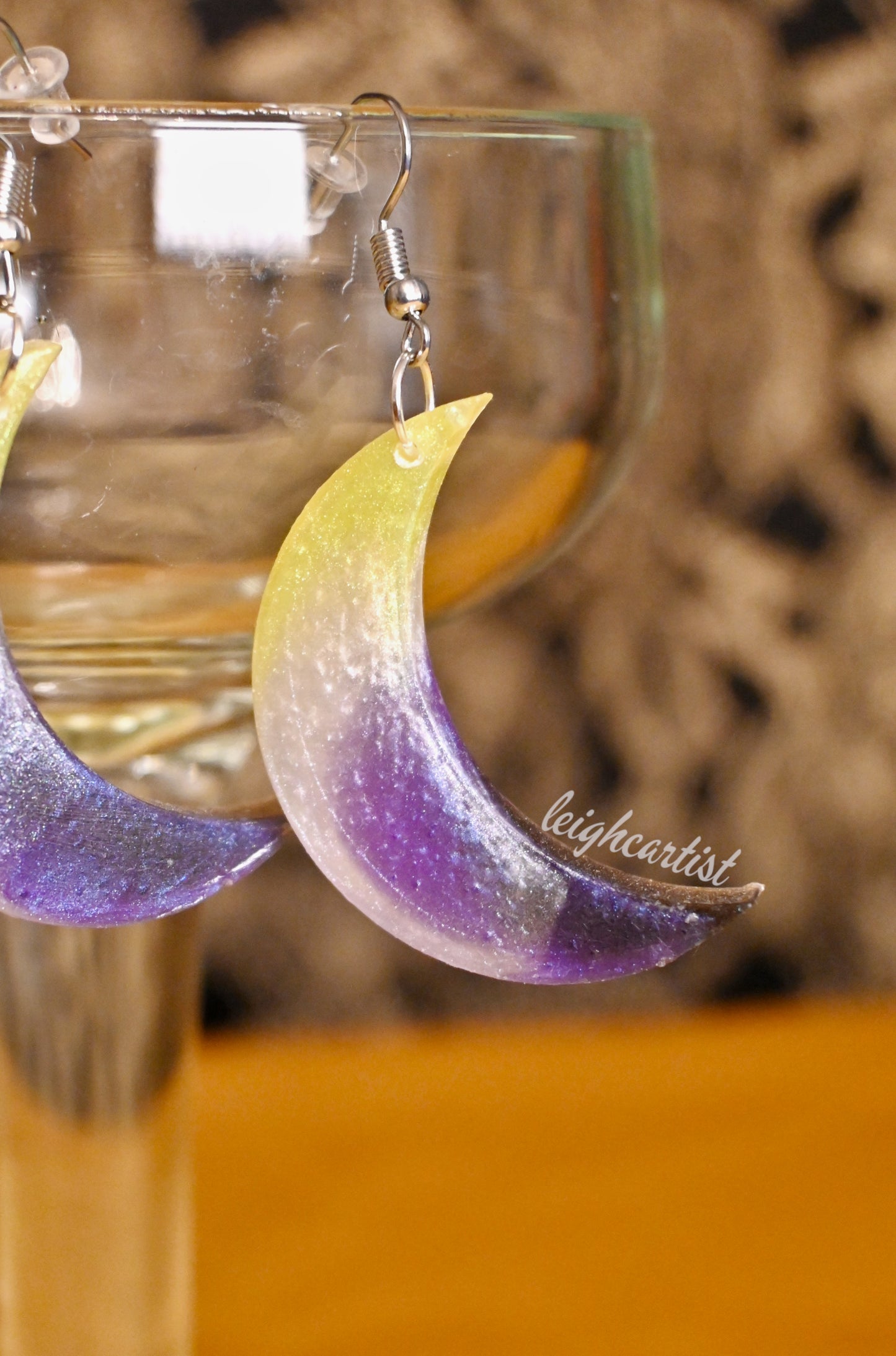Nonbinary Flag Crescent Moon Resin Dangle Earrings
