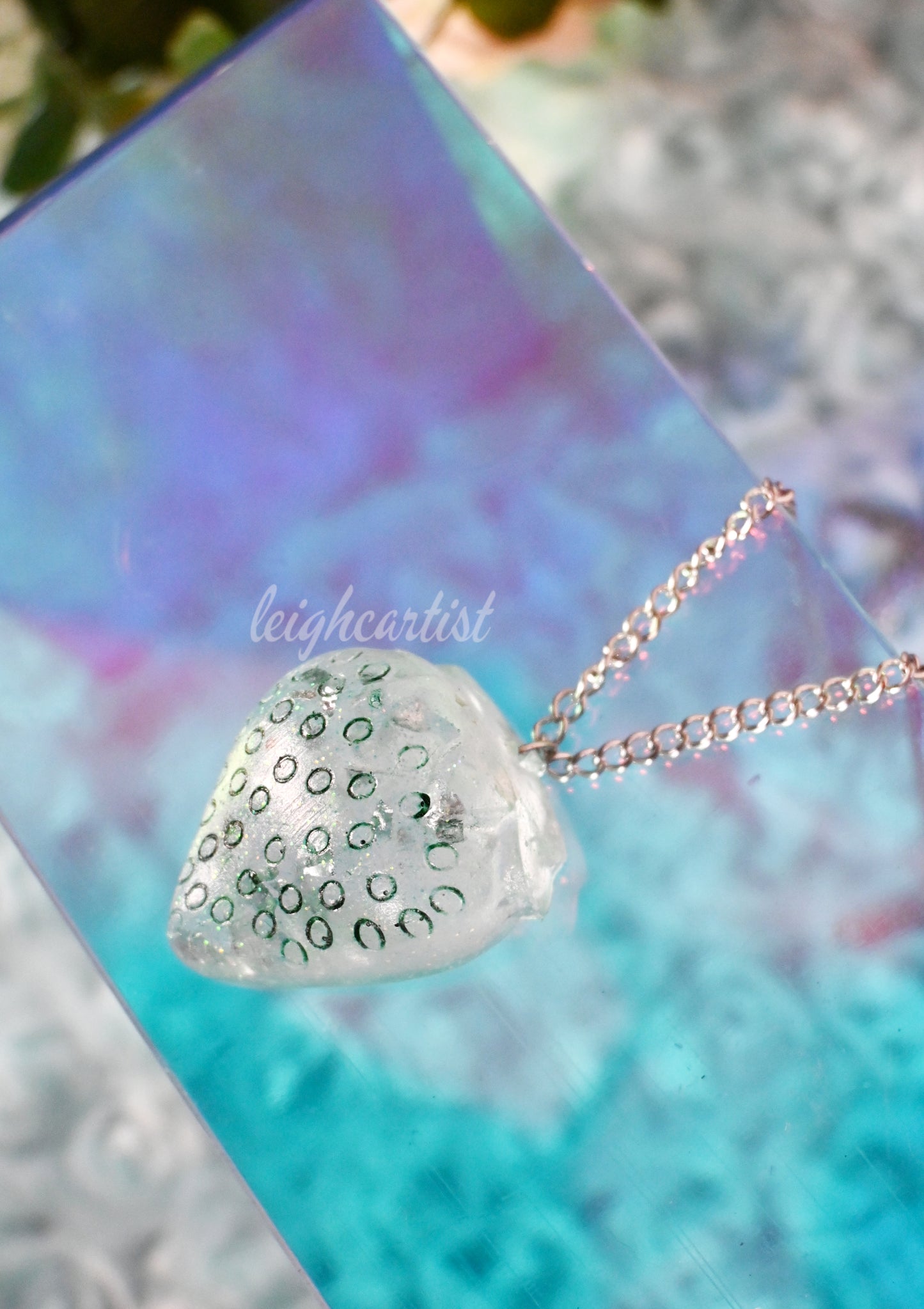 Green Silver Strawberry Resin Necklace