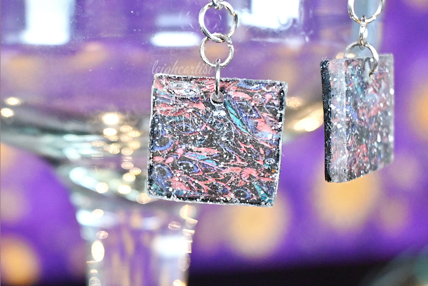 Black Red Abstract Resin Dangle Earrings