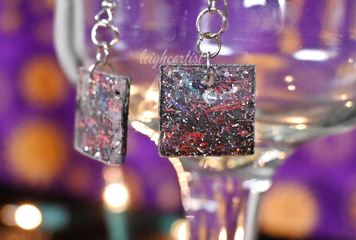 Black Red Abstract Resin Dangle Earrings