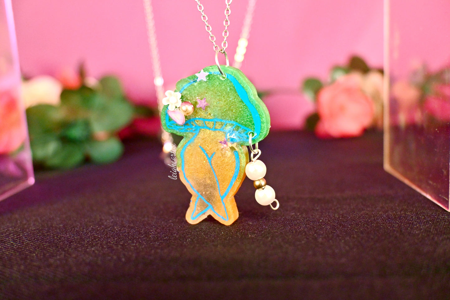 Green Orange Spring Mushroom Lady Resin Necklace
