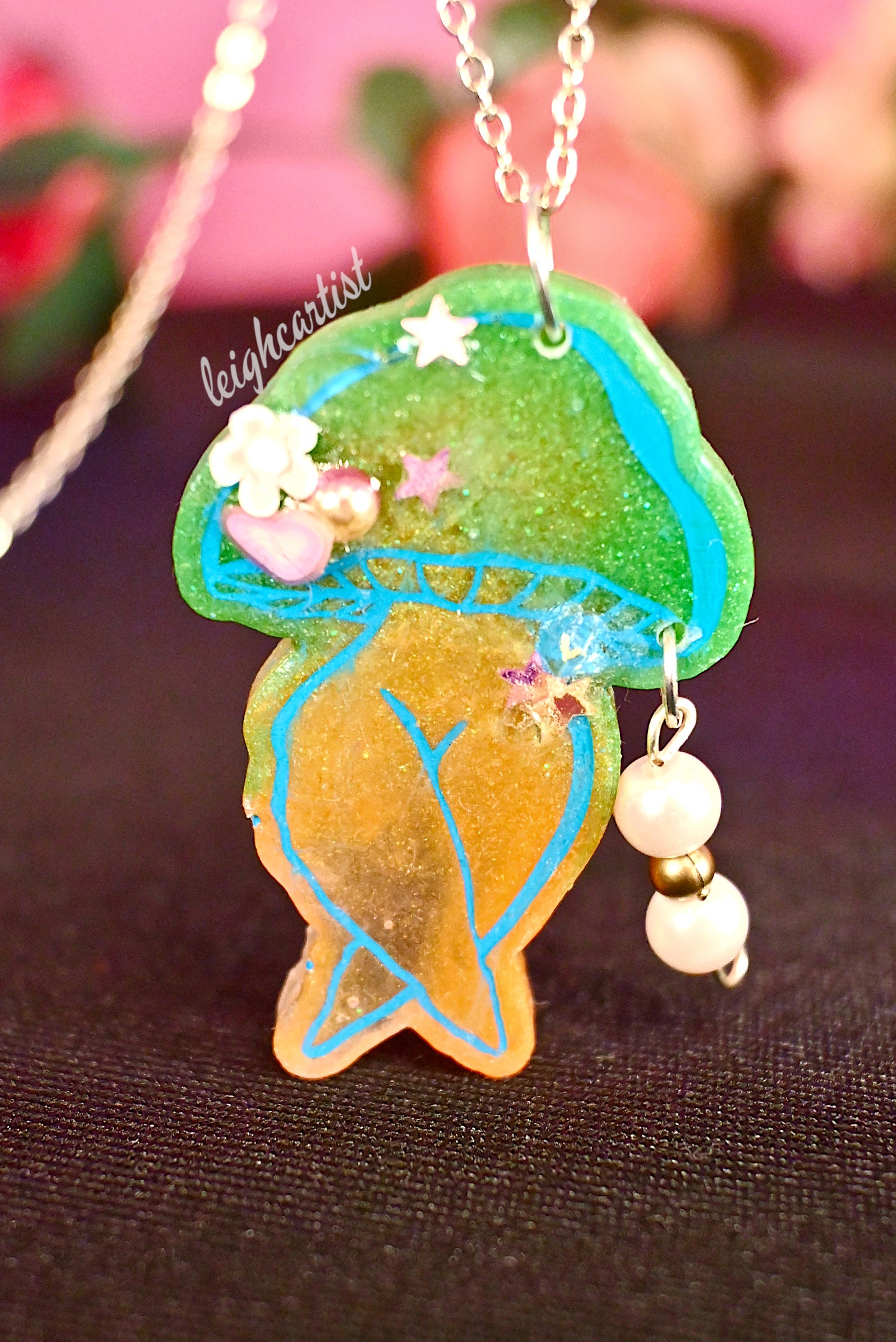 Green Orange Spring Mushroom Lady Resin Necklace