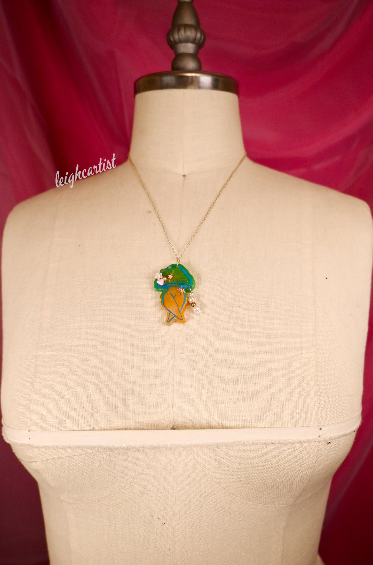 Green Orange Spring Mushroom Lady Resin Necklace