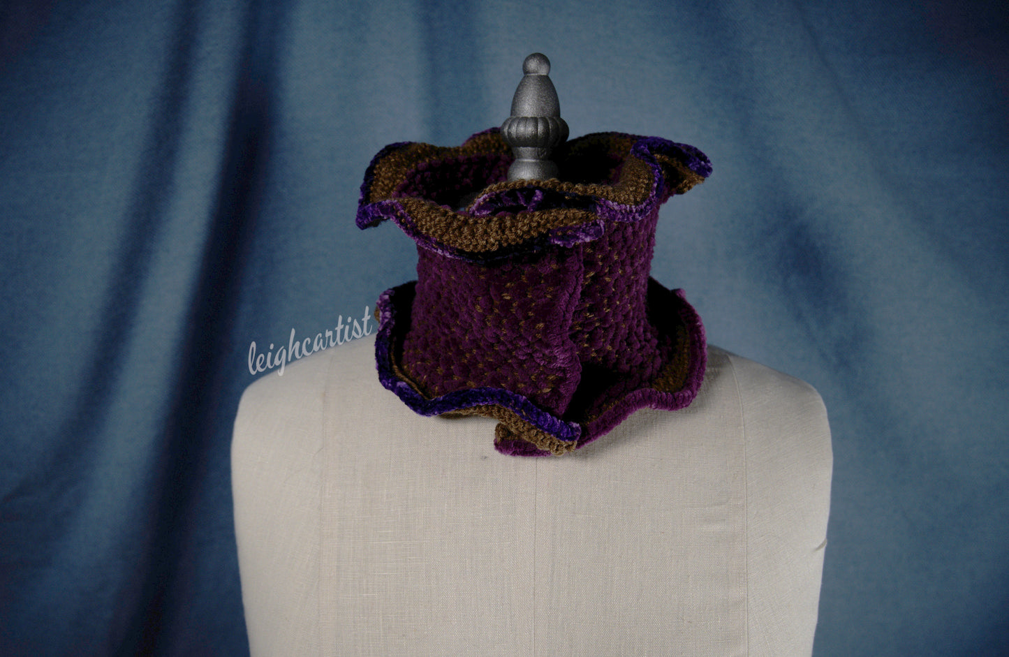 Purple Velvet Trim Knit Ruffle Scarf