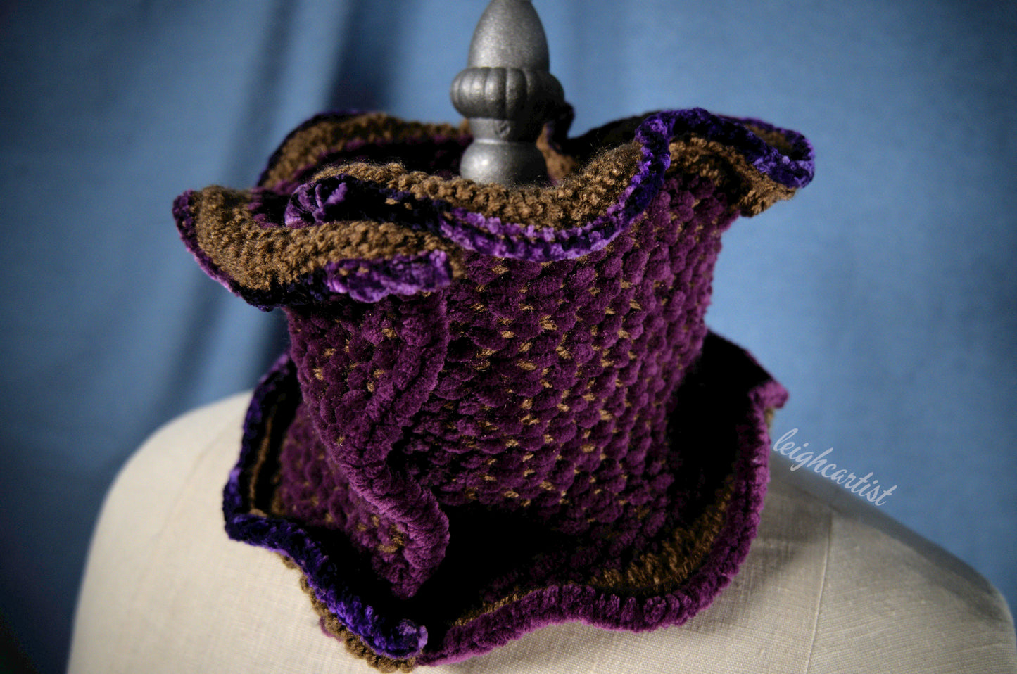 Purple Velvet Trim Knit Ruffle Scarf