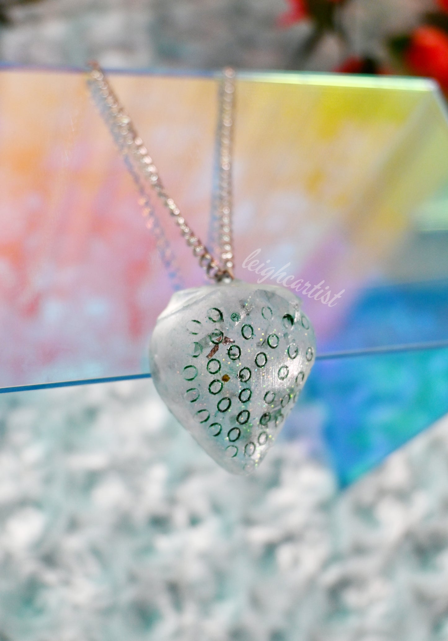 Green Silver Strawberry Resin Necklace