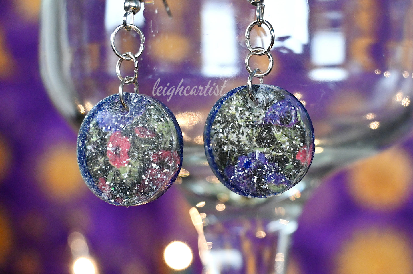 Navy Floral Resin Dangle Earrings