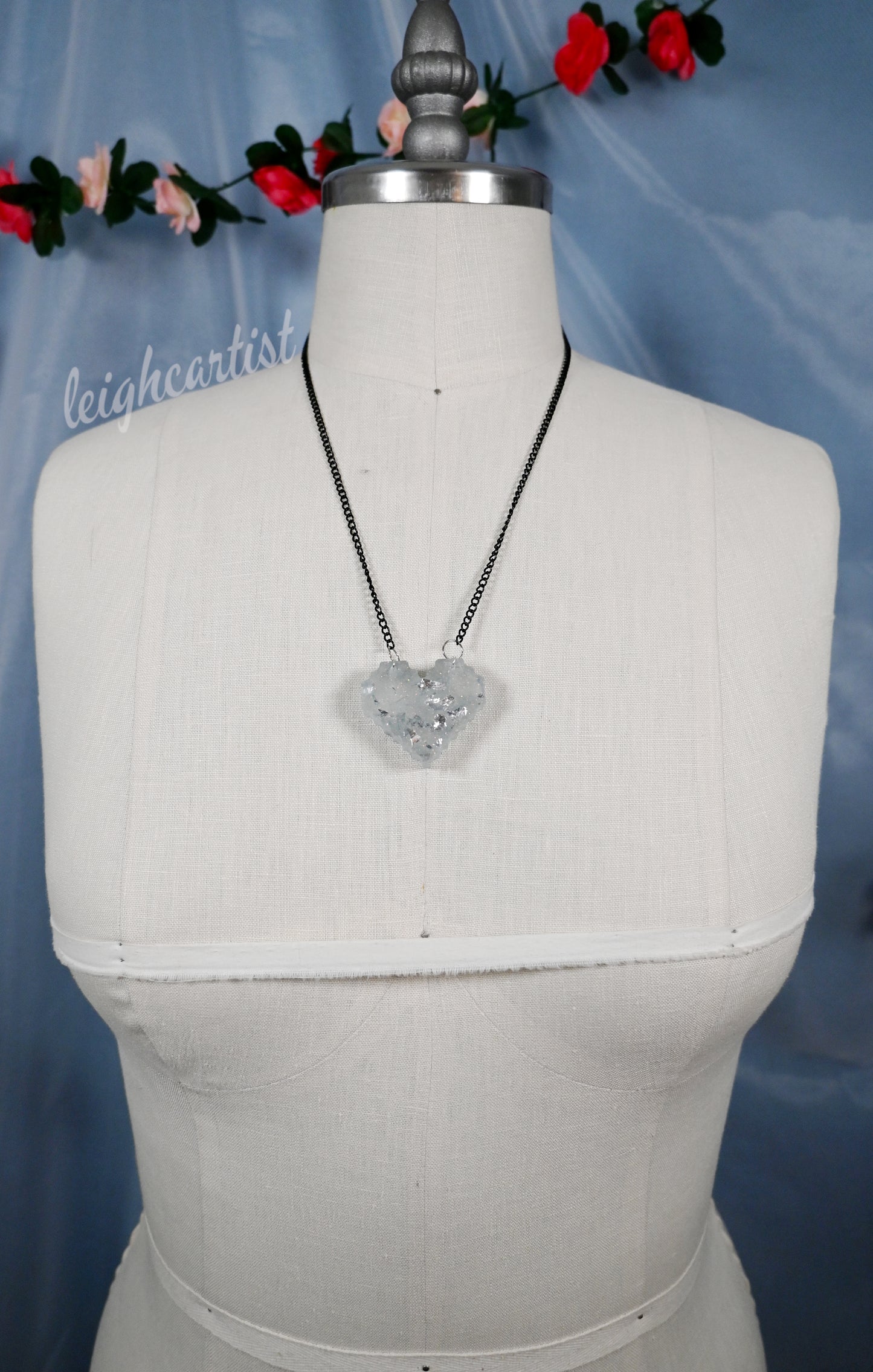 Silver Pixelated Heart Resin Necklace - Short