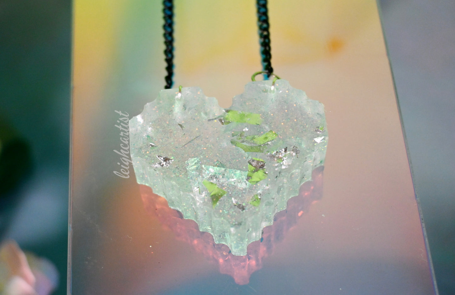 Silver Pixelated Heart Resin Necklace - Short