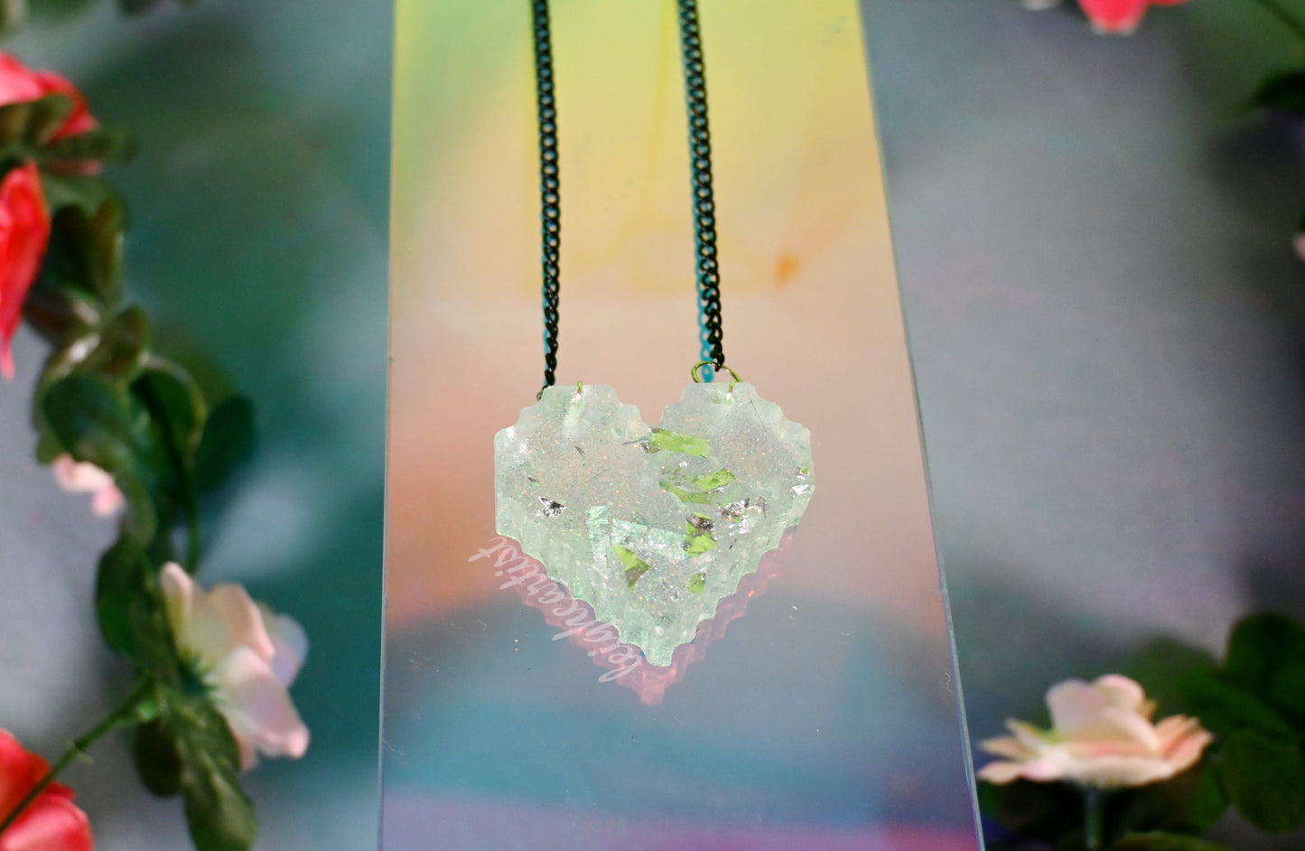 Silver Pixelated Heart Resin Necklace - Short